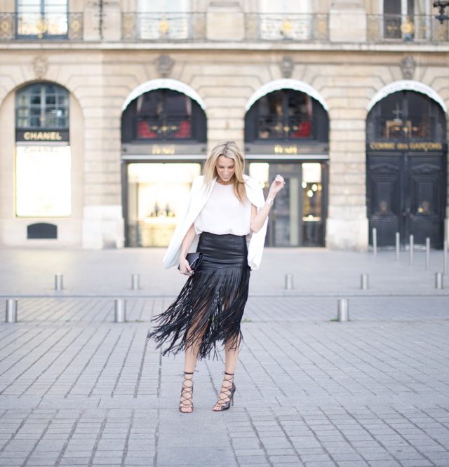 Paris, Fringe Skirt, Street Style, Pink Top, Isabel Marant Shoes, Place Vendome, France