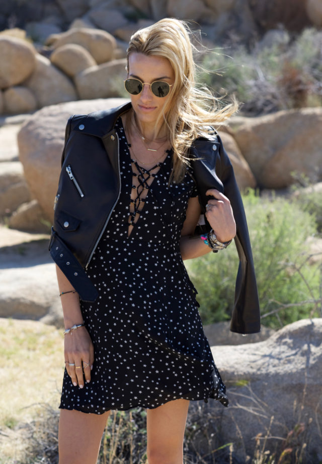 Lace up dress, Leather moto jacket, Chloe boots, Ray-Ban sunglasses