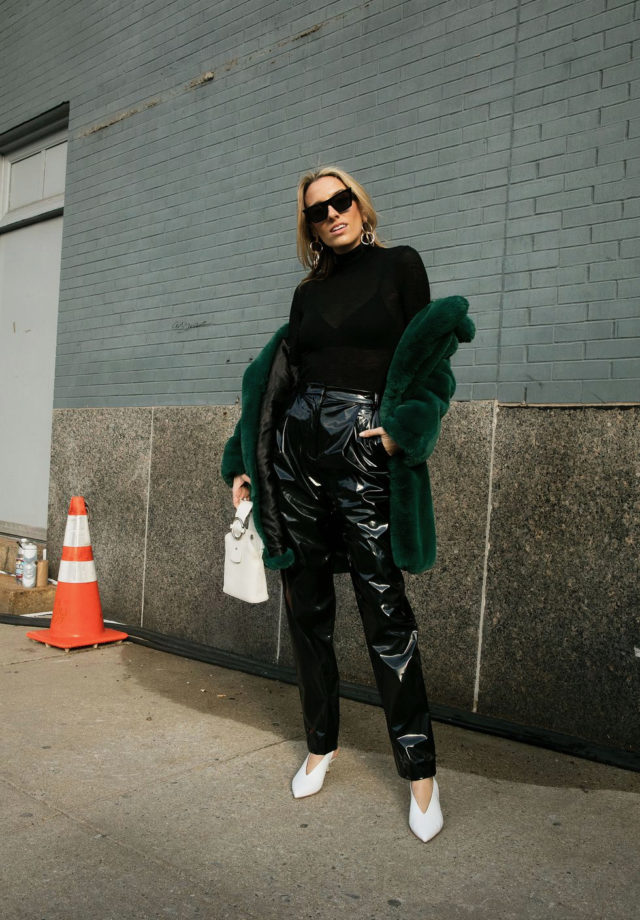 NYFW street style, What they are wearing, patent leather, green faux fur, Tibi, Celine, IT bag