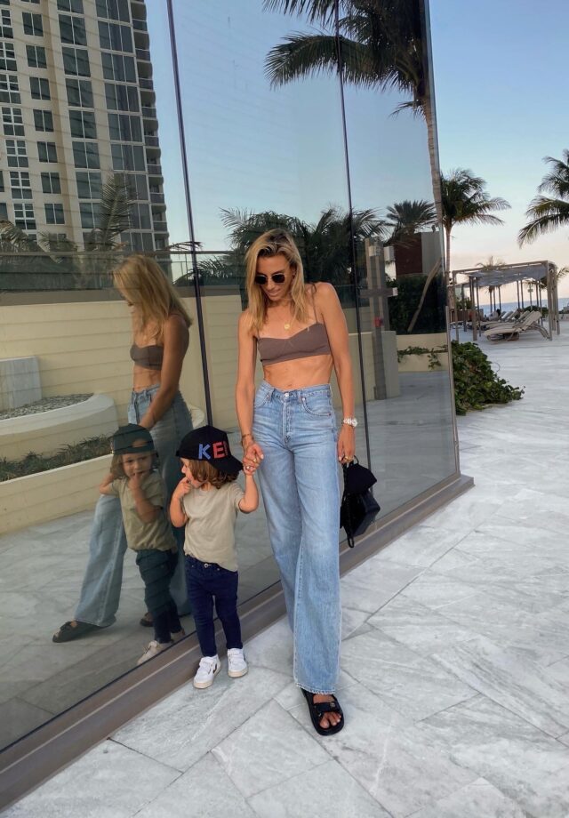 citizens of humanity jeans, krewe sunglasses, ootd, miami style inspo, veja kids shoes, chanel sandals, knit bralette, zara finds, jewelry inspo, kids zara finds, fashion blogger