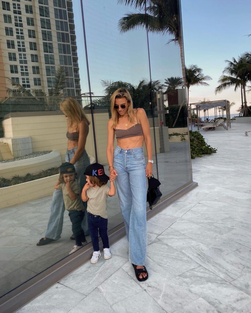 citizens of humanity jeans, krewe sunglasses, ootd, miami style inspo, veja kids shoes, chanel sandals, knit bralette, zara finds, jewelry inspo, kids zara finds, fashion blogger