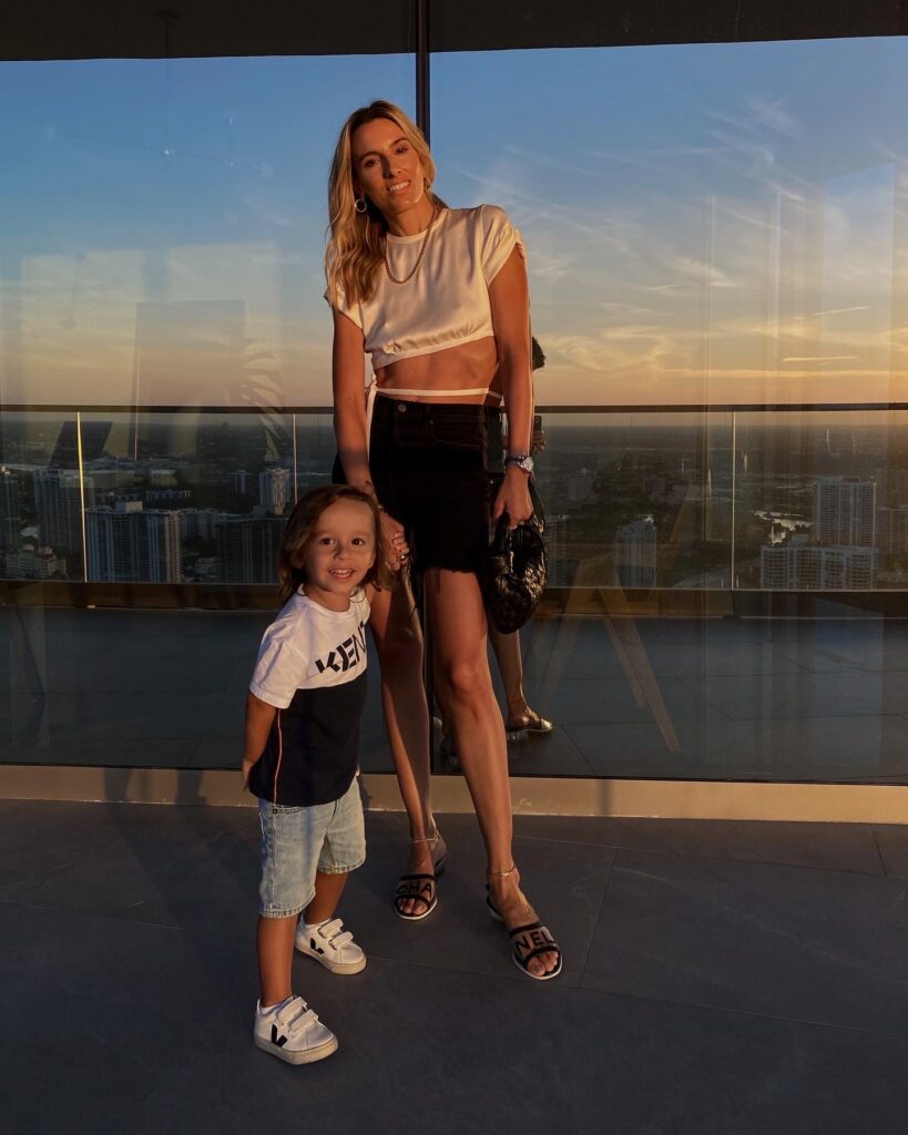 orseund iris satin cropped top, orseund iris cropped top, orseund iris wrap top, satin wrap top, chanel sandals, grlfrnd riley denim short, high waisted denim shorts, riley shorts, grlfrnd denim, jean shorts on sale, grlfrnd on sale, fashion, miami style inspo, fashion blogger, kenzo kids, veja kids, mommy blogger