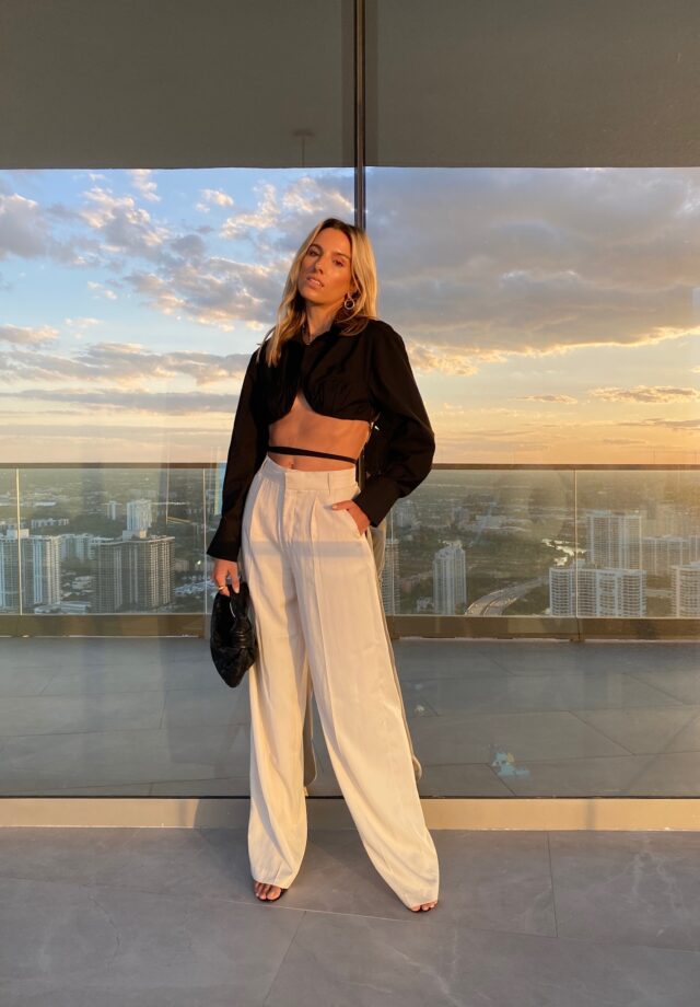 jacquemus cropped top, jacquemus top, jacquemus la chemise baci cotton-blend top, jacquemus cotton blend top, shopbop jacquemus, zara trouser, wide leg trouser, womens trousers, new bottega bag, fashion blogger miami, fashion blogger inspo, sunset style inspo, sunset style photo