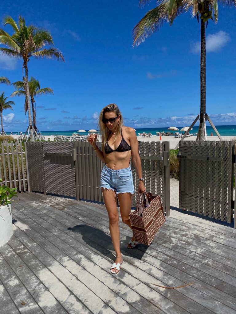 fendi bikini, designer swimwear, designer bikini, re/done denim, re/done jean shorts, dior tote, beach style inspo, beach ootd, miami fashion blogger, 