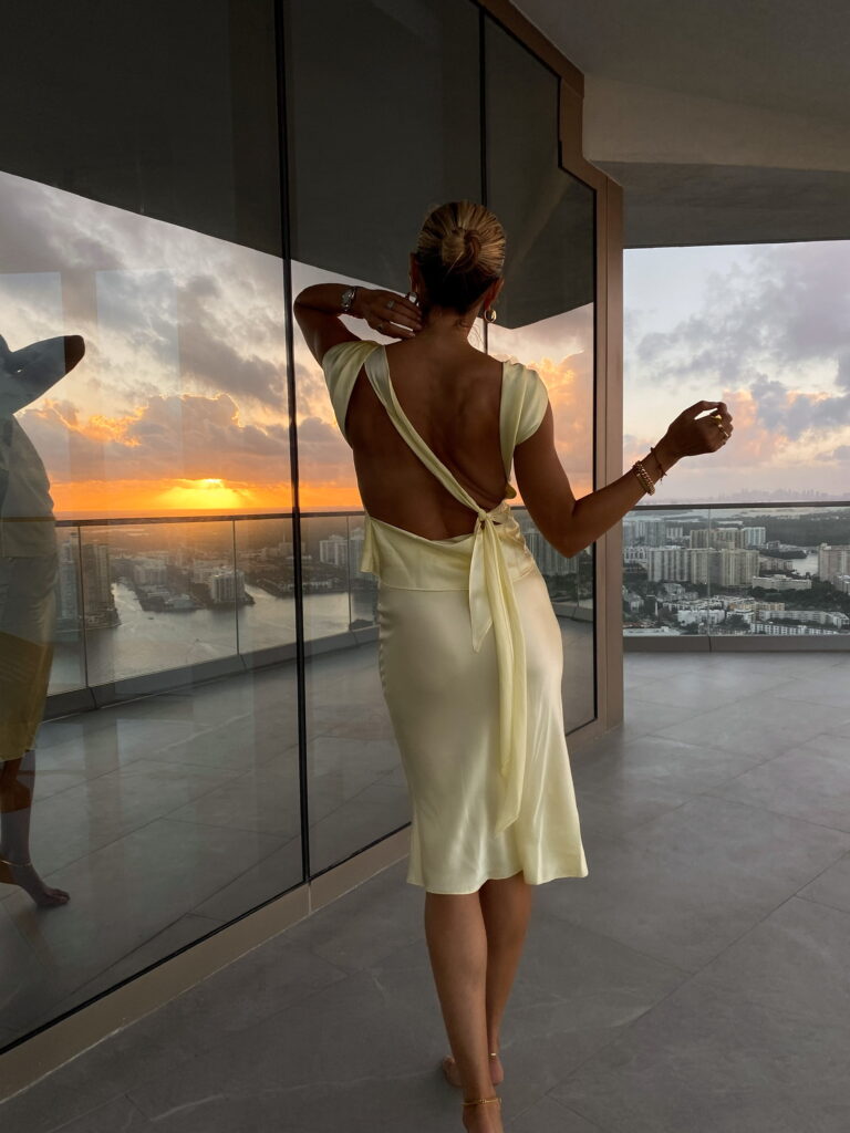 the bar, the bar yellow set, yellow matching set, yellow midi skirt, miami style inspo, open back top, silky set, sunset style