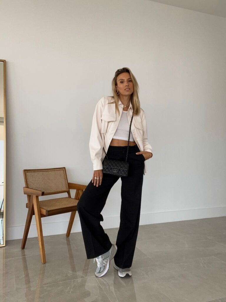 best selling shacket, amazon staples shacket, faux leather shacket, lisadnyc amazon staples collection, amazon staples, best selling amazon top, black wide leg trousers, outfit of the day inspo, ootd inspo, basic white tank, miami style, amazon the drop staples collection, amazon model, local european white tank, new balance sneakers, new balance sneaker inspo