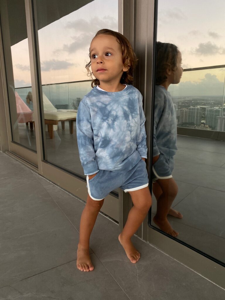 miles baby, tie dye kids sweatshirt, toddler french terry shorts, baby terry shorts, baby blue sweatshirt, miami toddler style inspo, toddlers of instagram