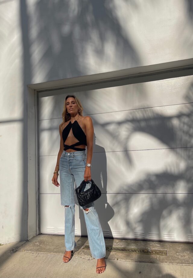 past midnight top, black wrap top, black chain wrap top, re/done best selling jeans, re/done high waisted jeans, re/done originals high rise loose in bleach, re/done high rise loose denim, new bottega bag, bottega veneta bag, miami style inspo