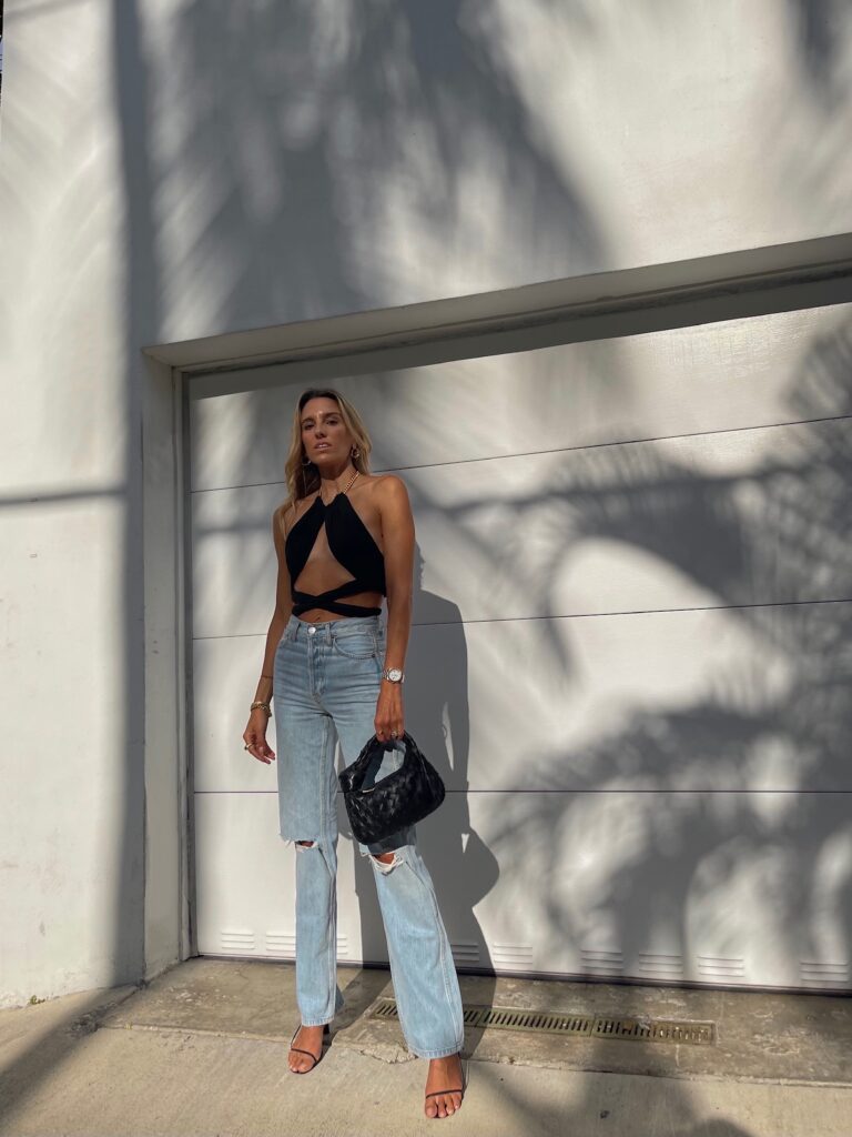 past midnight top, black wrap top, black chain wrap top, re/done best selling jeans, re/done high waisted jeans, re/done originals high rise loose in bleach, re/done high rise loose denim, new bottega bag, bottega veneta bag, miami style inspo