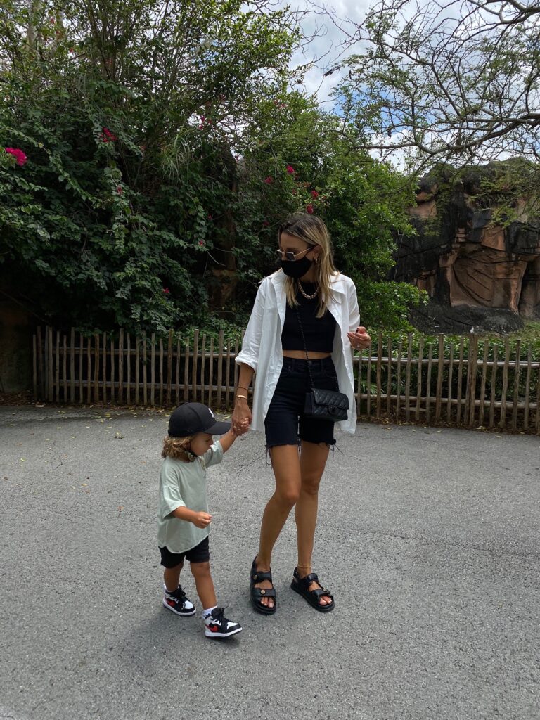 wsly tank, best selling tank, chanel sandals, grlfrnd denim shorts, grlfrnd riley short, bermuda short, white button down, celine sunnies, rectangle celine sunglasses, past midnight jewelry, chanel bag, toddler nike dunks, toddler style inspo, miami style inspo, miami family fashion