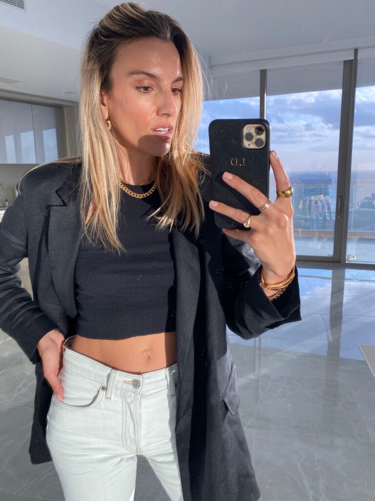 re/done white denim shorts, re/done sale, black best selling tank, bandier tank, cropped rivington tank, black iro blazer, iro blazer, iro, past midnight necklace, the accessory junkie earrings,