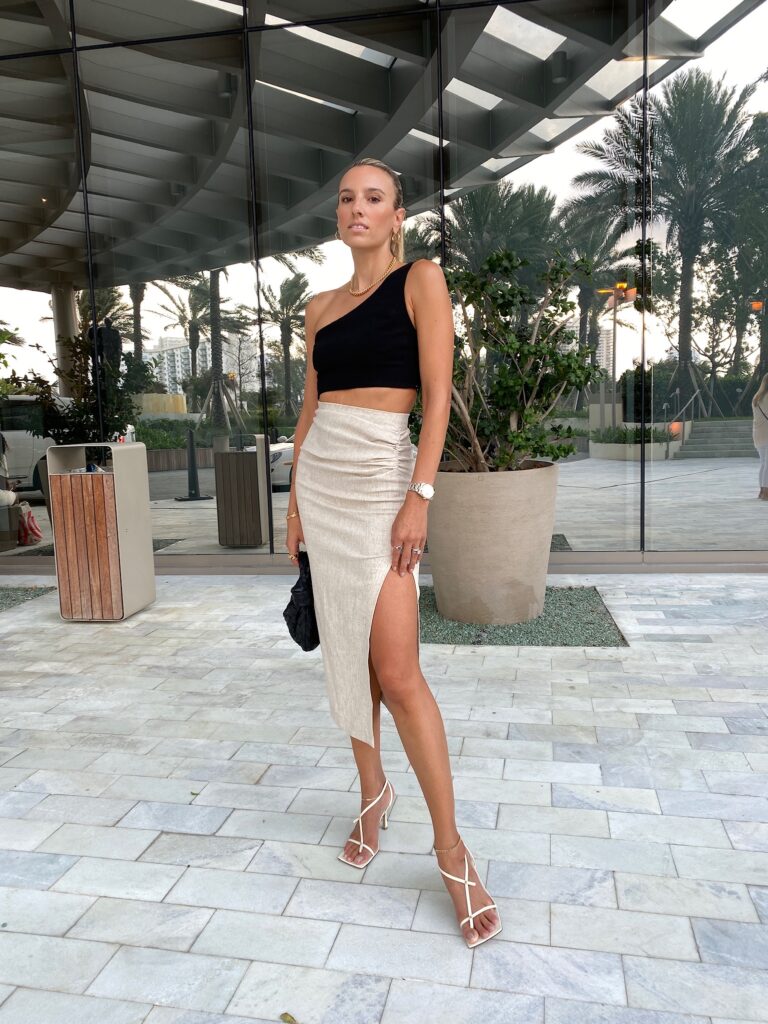 zara skirt, midi skirt, linen midi skirt, one shoulder top, revolve ambassador, revolve crop top, revolve nbd, nbd top, bottega veneta sandals, bottega veneta jodie bag