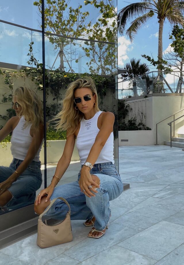 orseund iris tank, white ribbed tank, zara jeans, zara distressed jeans, 90s loose jeans, celine sunnies, prada bag, bottega veneta sandals, miami style inspo