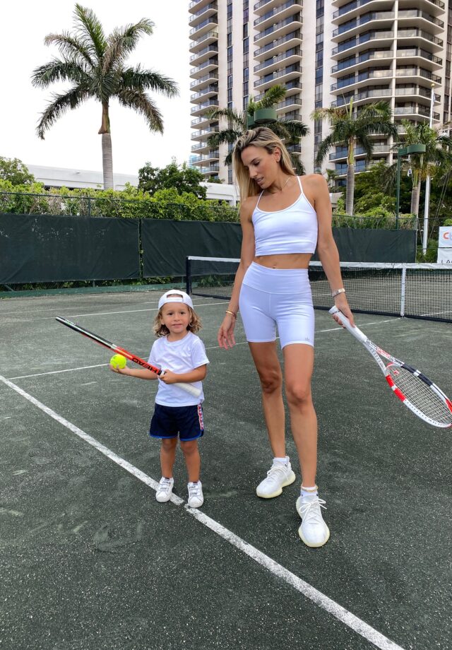 alo yoga, koral activewear, koral, tennis outfit, yeezy sneakers, white activewear look, white activewear set, toddler style inspo