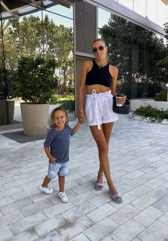lagence shorts, white trouser shorts, geel top, black crop top, zara sandal, zara lavendar heel, celine sunglasses, unisex celine, kids golden goose, bottega veneta jodie bag, electric picks, stone and strand necklace, zara kids, miles baby