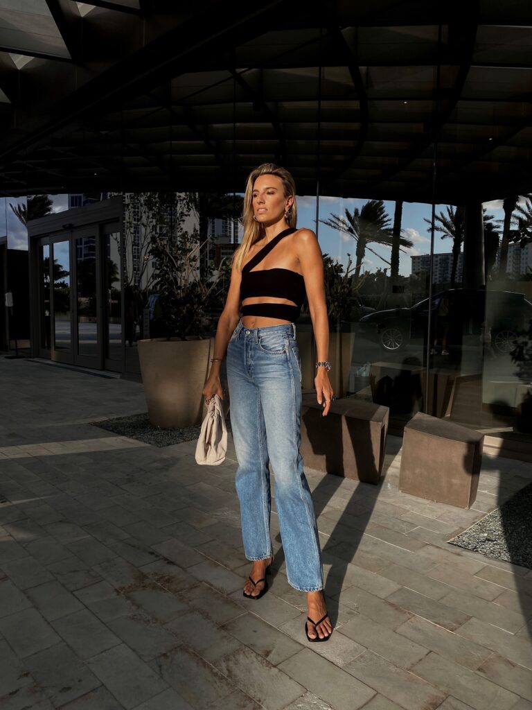 Lama Jouni, Lama Jouni wrap top, black wrap crop top, bottega veneta clutch, redone jeans, high rise 90s loose jeans, fendi earrings,