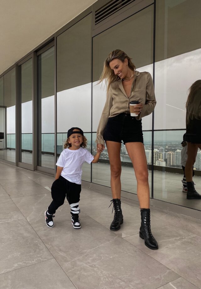 weekend stories top, weekend stories, revolve ambassador, revolve, grlfrnd, grlfrnd denim shorts, chanel combat boots, nununu triple stripe kids jogger, toddler nike dunks