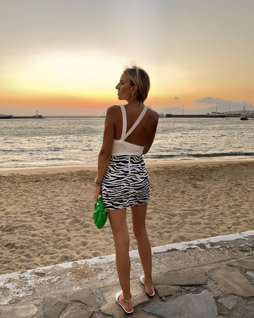 the line by k, the line by k ximeno tank, superdown, superdown black and white print mini skirt, mini skirt, prada sandals, bottega veneta green bag, bottega veneta, electric picks, vacations style inspo, beach style inspo