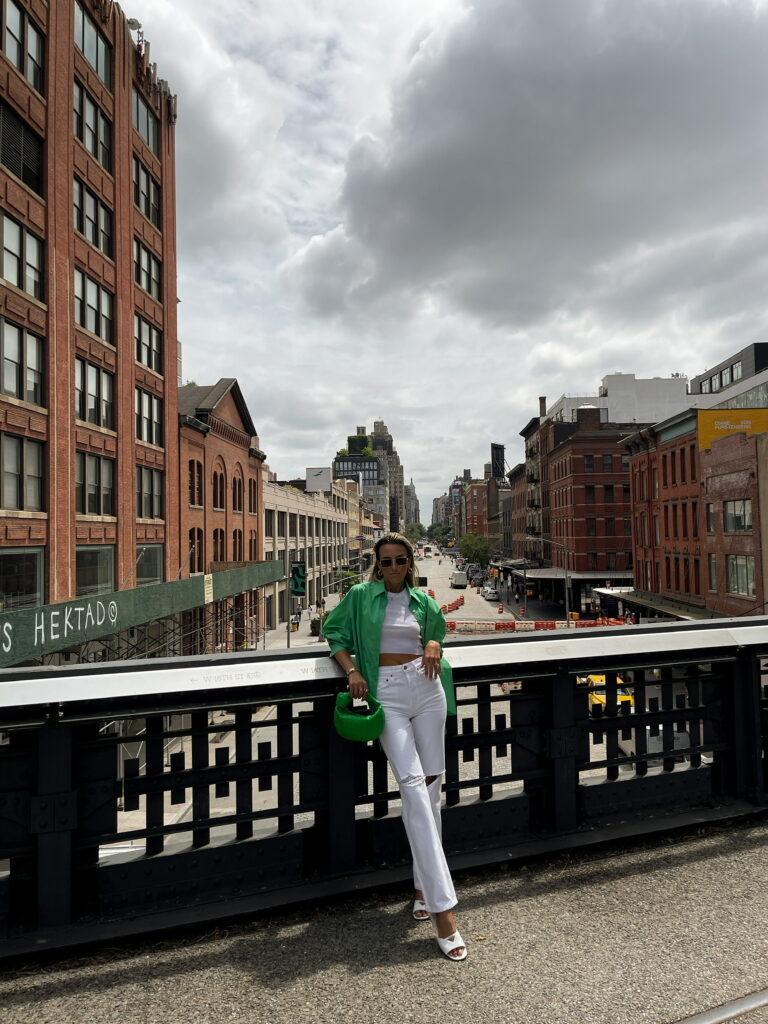 the frankies shop button down, green button down, re/done denim, white re/done denim, originals 90s loose denim, prada sandals, celine sunnies, bottega veneta jodie bag, bottega veneta green jodie bag