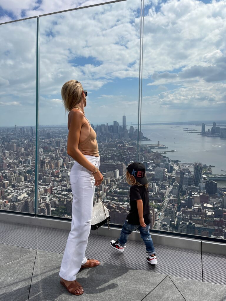 the line by k ximeno tank, the line by k, re/done denim, white re/done denim, high rise 90s loose denim, hermes sandals, bottega veneta sunglasses, chanel backpack, zara kids, toddler nike dunks, kenzo kids,