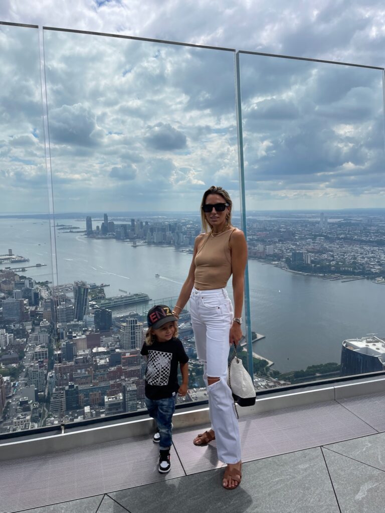 the line by k ximeno tank, the line by k, re/done denim, white re/done denim, high rise 90s loose denim, hermes sandals, bottega veneta sunglasses, chanel backpack, zara kids, toddler nike dunks, kenzo kids,