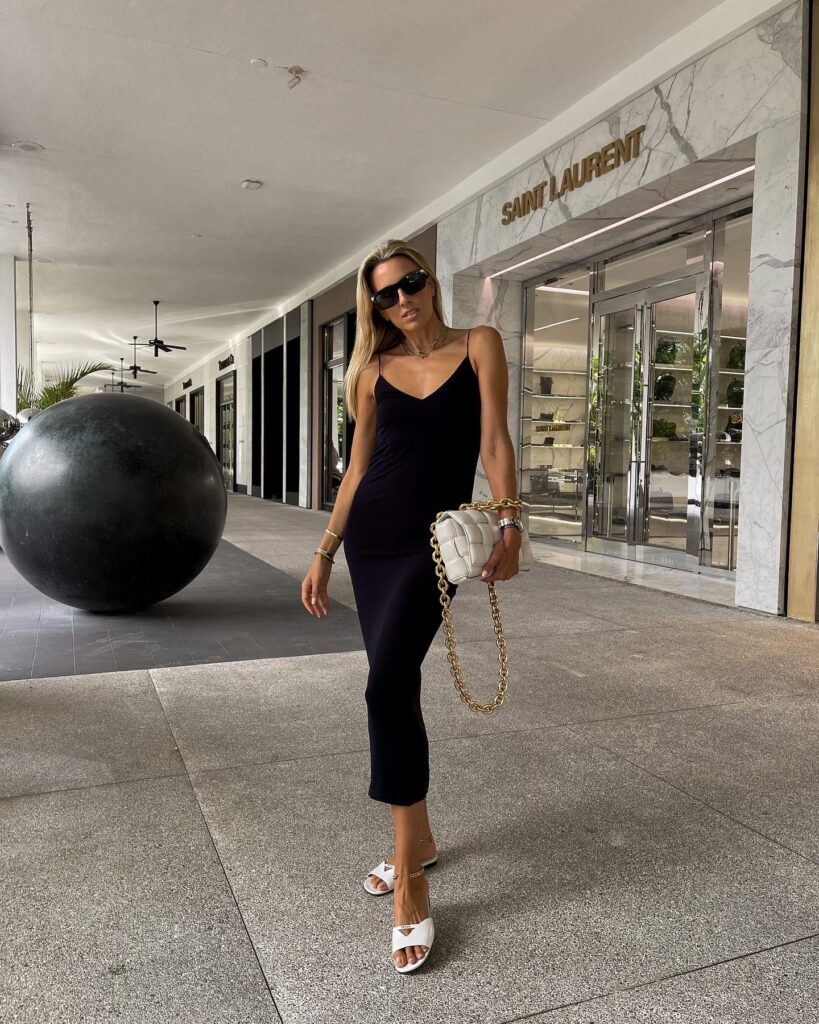protagonist dress, black midi slip dress, black midi vneck dress, prada white sandals, bottega veneta bag, cassette bag, bottega veneta sunglasses