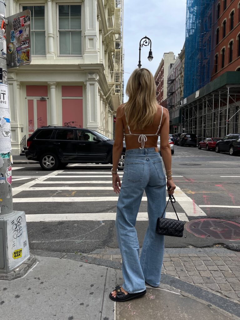 weworewhat, weworewhat ruched top, white crop we wore what top, annina jean, citizens of humanity annina jean, citizens of humanity denim, street style inspo, YSL sunnies, chanel sandals