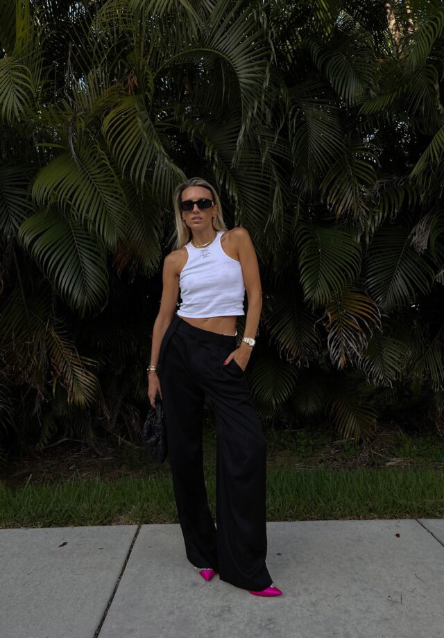 orseund iris tank, white logo tank, orseund iris, versace sunglasses, sunglass hut, black trouser, black wide leg trousers, zara black trousers, zara fall finds, balenciaga pink satin crystal embellished pumps, balenciaga pink pumps, bottega veneta black jodie bag