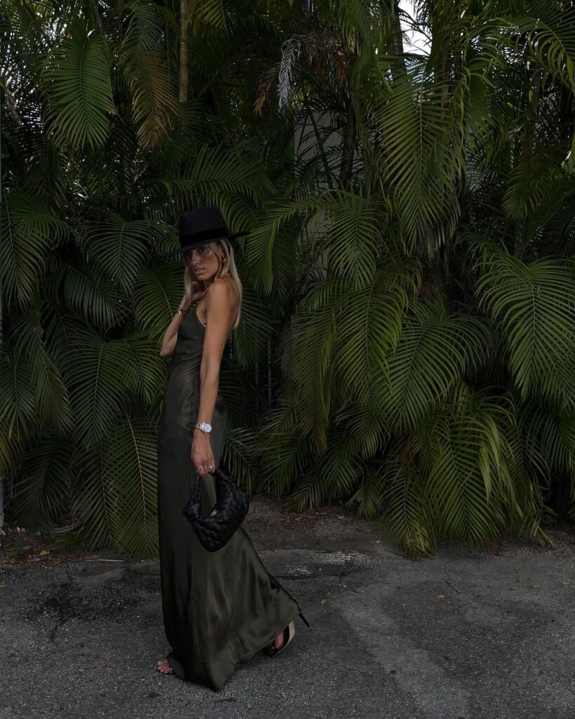 l'agence dress, l'agence slip dress, serita dress, green slip dress, green maxi slip dress, bottega veneta jodie bag, lack of color black fedora, l'agence heels