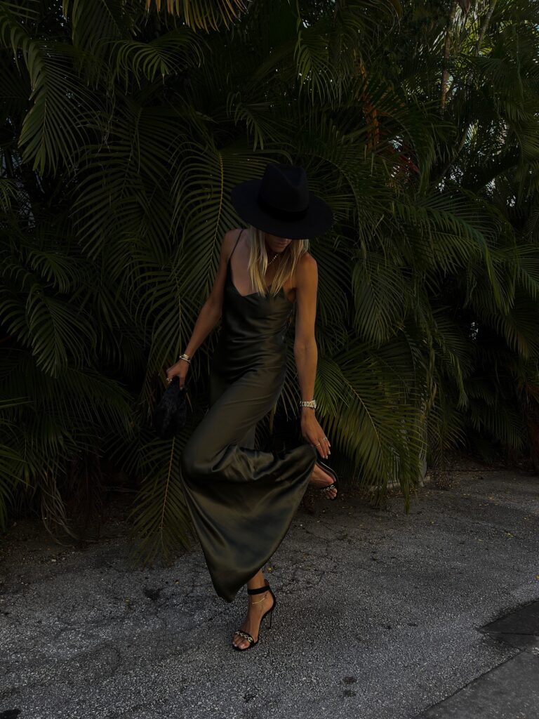 l'agence dress, l'agence slip dress, serita dress, green slip dress, green maxi slip dress, bottega veneta jodie bag, lack of color black fedora, l'agence heels