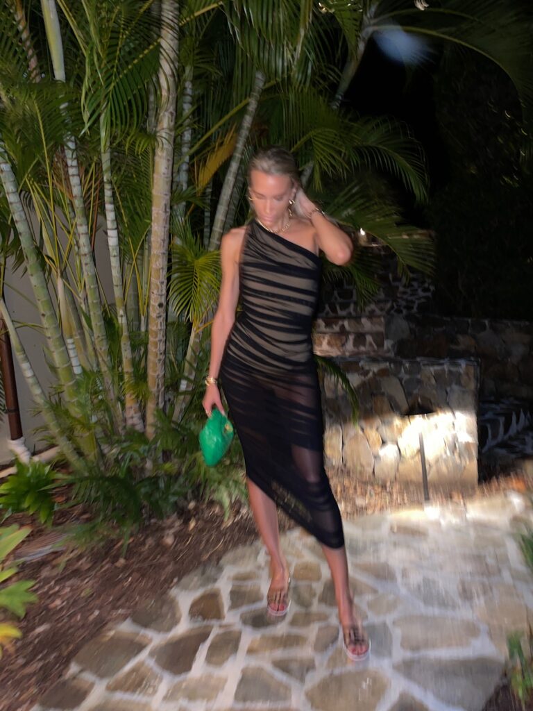 norma kamali dress, norma kamali, black mesh gown, norma kamali mesh gown, chanel sandals, bottega veneta bag, bottega veneta jodie bag, bottega veneta green jodie bag, electric picks