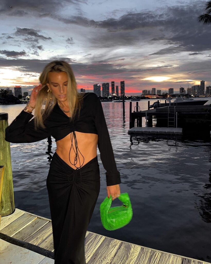 christopher esber set, christopher esber, black matching set, bottega veneta jodie bag green, green bottega bag, electric picks, christopher esber ruched top, christopher esber ruched skirt, black midi skirt