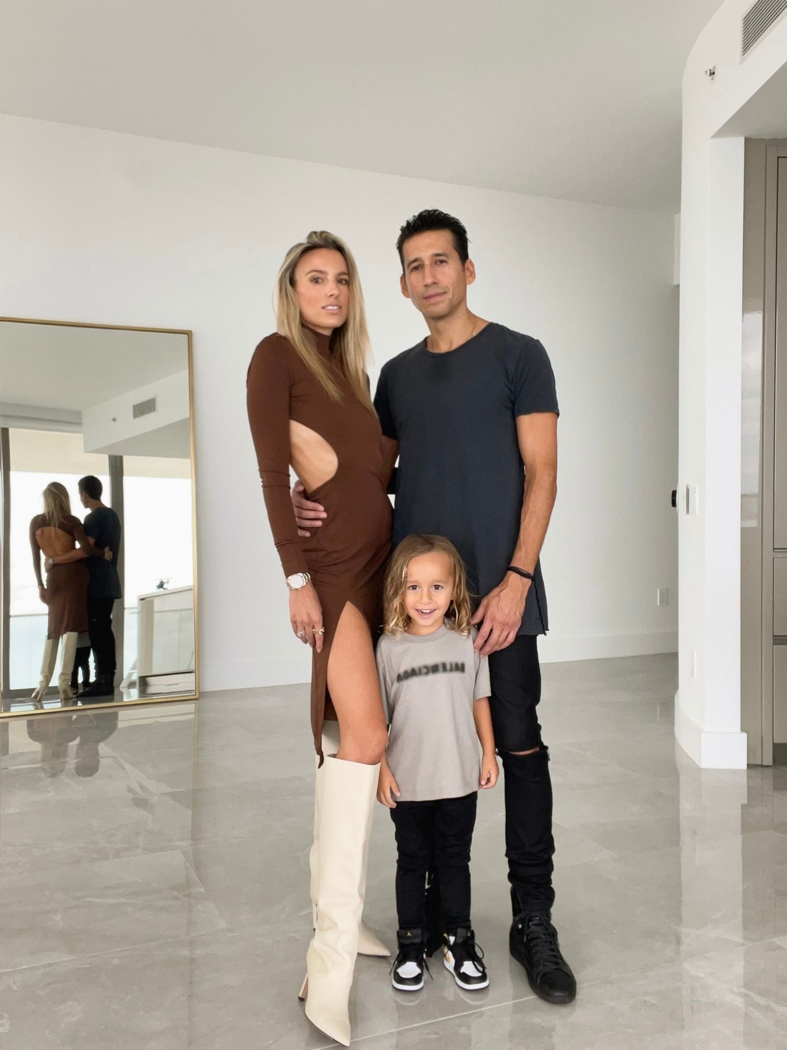 revolve ambassador, song of style, emra dress, chocolate brown midi dress, jimmy choo mavis boots, ksubi tshirt, ksubi jeans, balenciaga kids, fall family style inspo