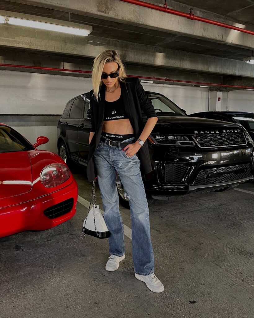 balenciaga intimates, balenciaga sports bra, balenciaga briefs, mytheresa, vintage denim, nike dunks, low classic seoul blazer, electric picks, chanel backpack, gucci belt, prada sunnies