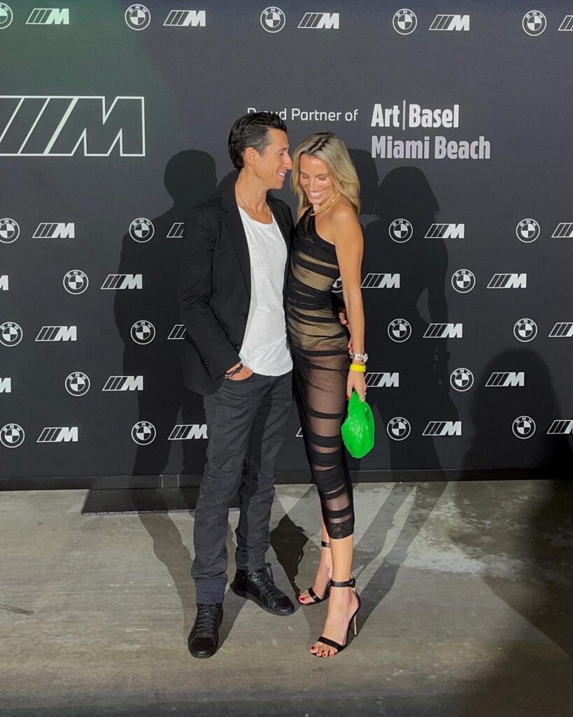 norma kamali diana gown, black mesh gown, patent portofino heels, bottega veneta green jodie bag, gianvito rossi heels, art basel outfits, art basel style, art basel couple