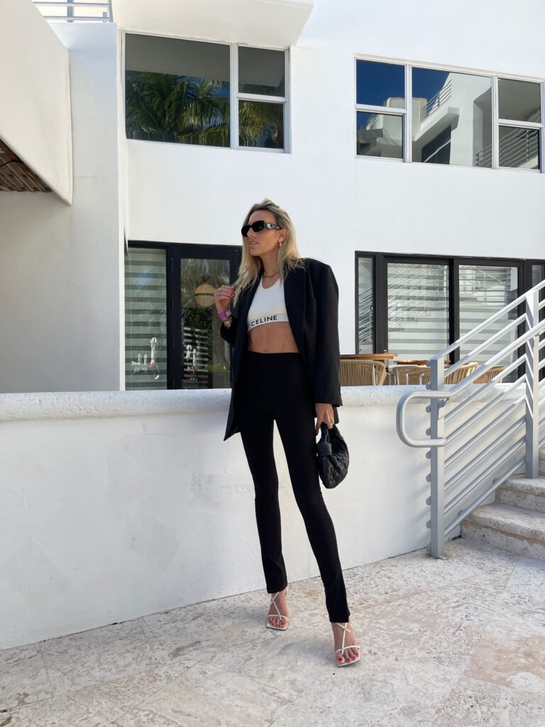 celine bra, celine sports bra, zara legging, zara slit legging, bottega veneta jodie bag, low classic seoul blazer, black oversized blazer, bottega veneta stretch sandal, versace sunglasses, electric picks, art basel style, art basel outfits