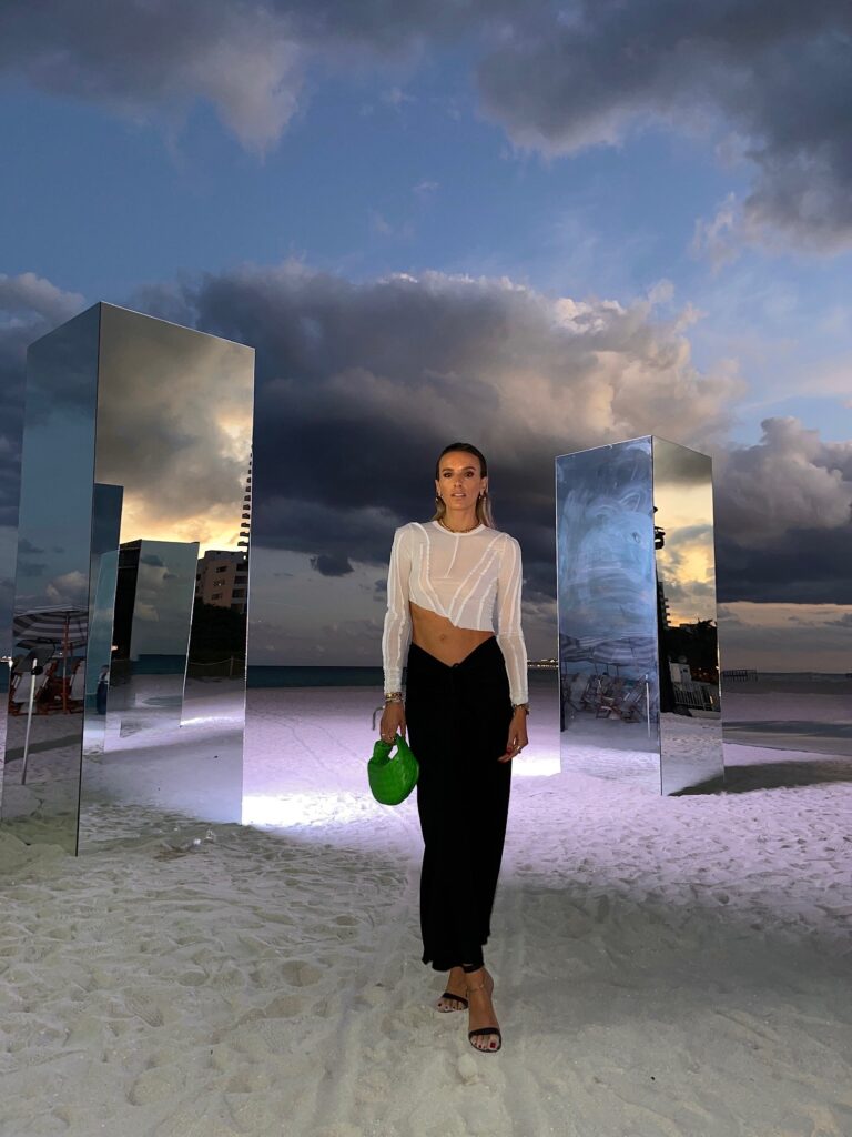 sami miro vintage, asymmetric baby rib tee, christopher esber black maxi skirt, gianvito rossi heels, bottega veneta green jodie bag, art basel 2021, art basel look, art basel outfit