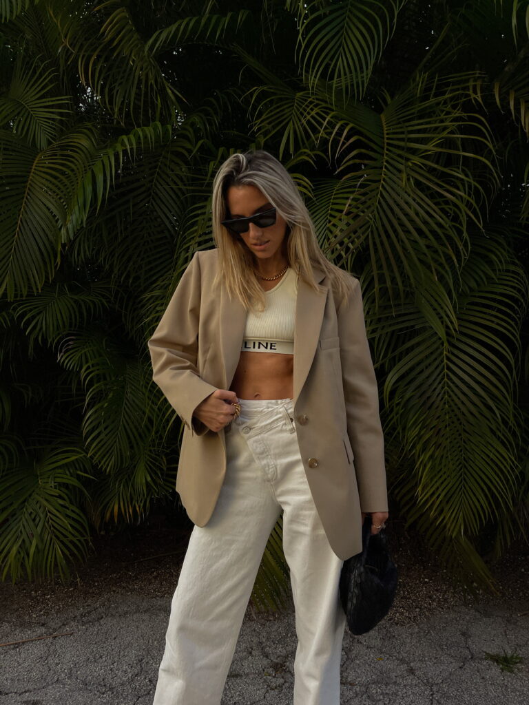 lisa dicicco, lisa dicicco cahue, lisa d influencer collection, lisa d clothing line, lisa d blazer, bottega veneta sandal, bottega veneta zebra print shoe, celine bra, celine bra top, electric picks harden necklace, celine sunnies, white agolde jeans, agolde denim, white agolde criss cross jeans, criss cross jeans