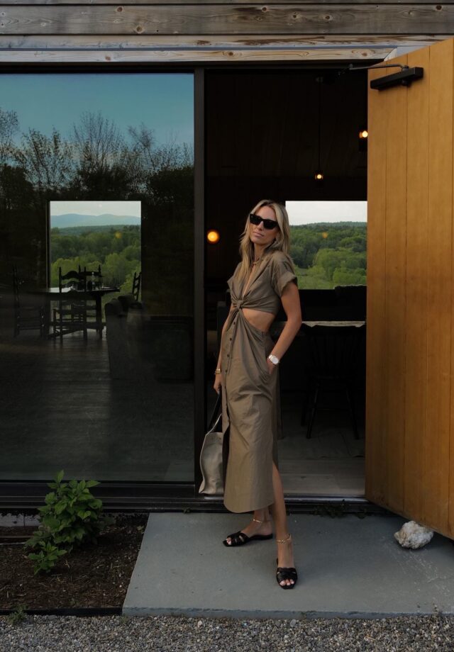 outfit of the week, OOTW, OOTD, A.L.C dress, summer dress, Saint Laurent woven leather sandal slide, saint laurent rive gauche small canvas tote, outfit inspo, camp neimans, neiman marcus