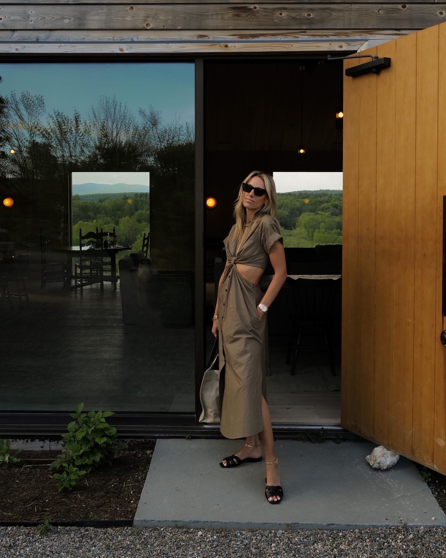 outfit of the week, OOTW, OOTD, A.L.C dress, summer dress, Saint Laurent woven leather sandal slide, saint laurent rive gauche small canvas tote, outfit inspo, camp neimans, neiman marcus