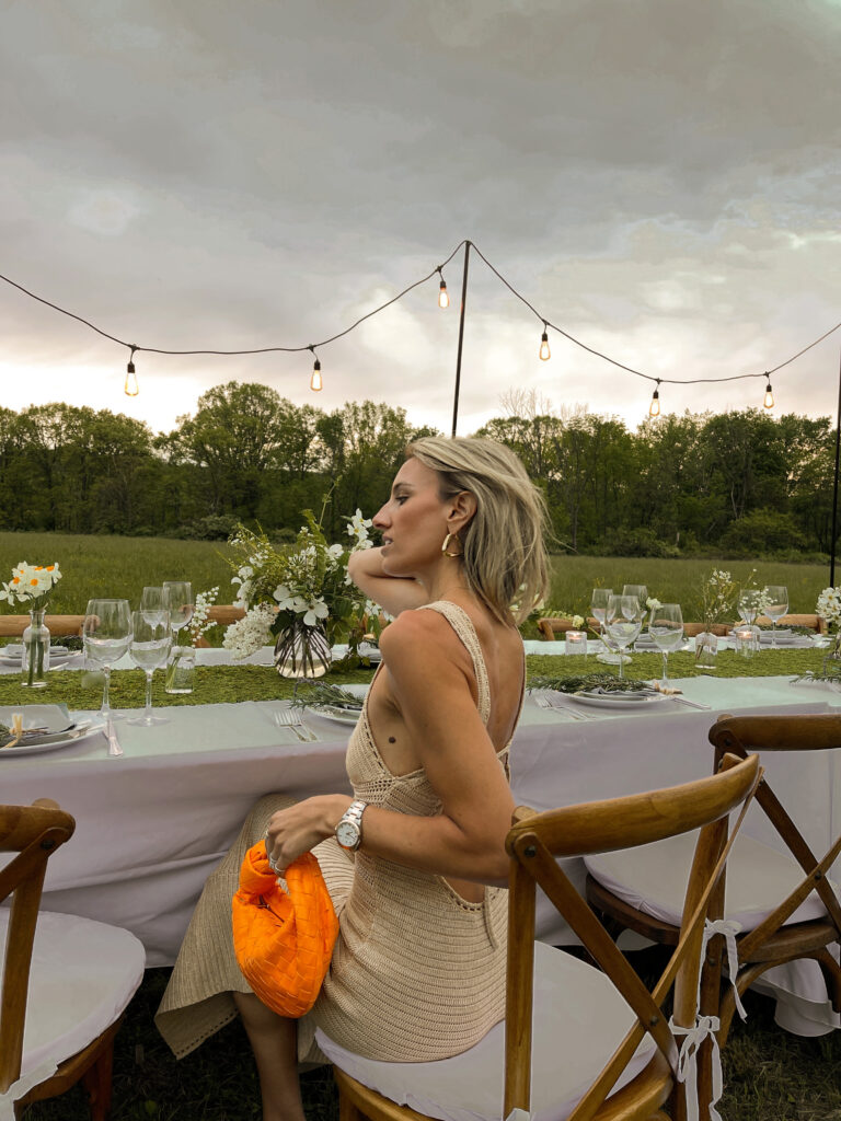 OOTW, OOTD, outfit inspo, ronny kobo dress, summer dress, dress, bottega veneta tangerine jodie, camp neimans, neiman marcus, bottega earrings,