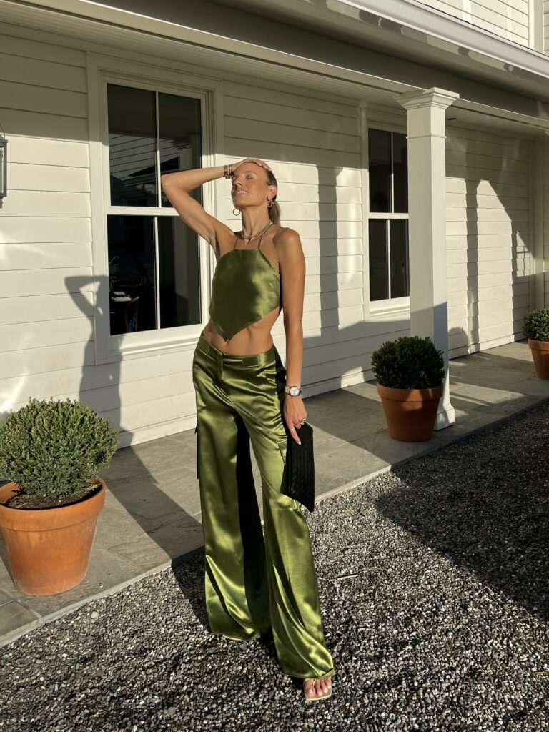 OOTW, OOTD, outfit insp, cargo pants, ronny kobo nuage halter crop top, ronny kobo bernie wide-leg charmeuse cargo pant, bottega veneta multi strap stretch high-heel sandals, bottega veneta medium intrecciato leather clutch, murse, neiman marcus, camp neimans
