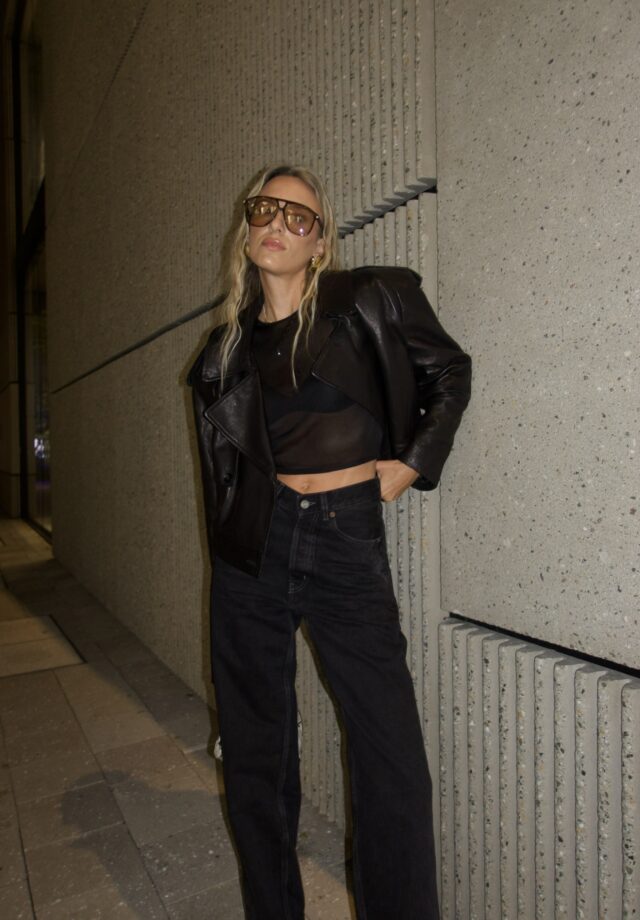 Evening look featuring Saint Laurent v-waist jeans with a leather jacket.
